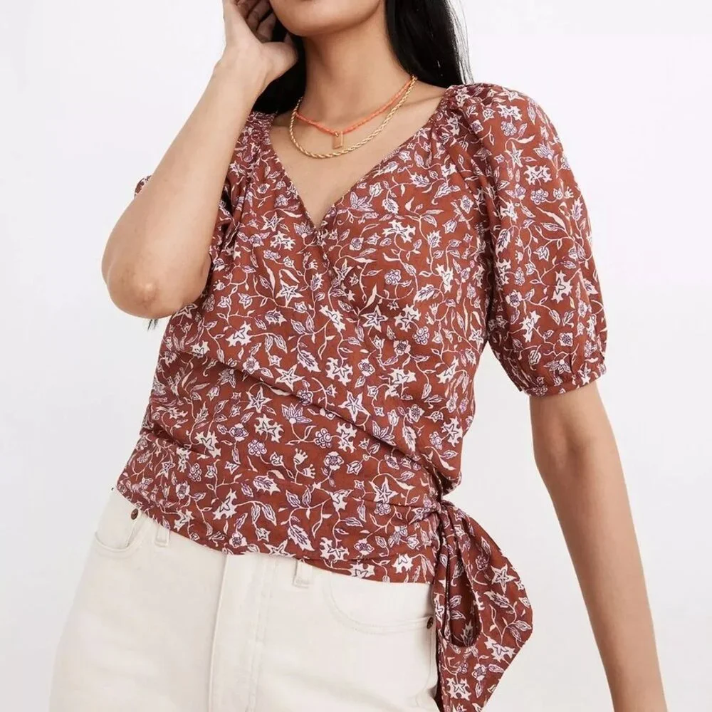 Madewell Puff-Sleeve Wrap Crop Top Batik Vine Weathered Brick S